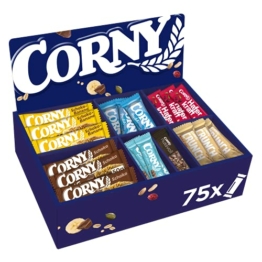 Corny Mix-Box, Großpackung mit Corny Big Schoko, Big Schoko-Banane, Milch Classic, nussvoll Erdnuss und Vollmilch, Haferkraft Cranberry-Kürbiskern, Crunch, free Schoko, 75 Riegel - 1