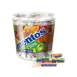 Mini Mentos Fruit Mix, Eimer mit 120 Rollen Kaubonbons, Box Frucht-Dragees, Geschmack Orange + Erbeere + Apfel + Zitrone , {120 × 10.5g ) , 120 Stück (1er Pack) - 1